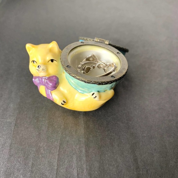 90s Cat Earring or Ring Box Ceramic Jewelry Container Vintage - Picture 10 of 12